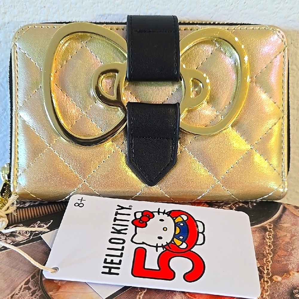 NWT Hello Kitty 50th Anniversary  Gold and Black Sanrio Loungefly Quilted Wallet
